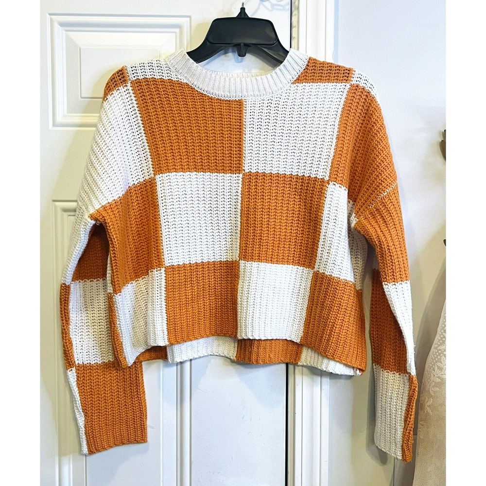 moon & madison Indie Skater Checkerboard Block Knit Orange White Sweater XS